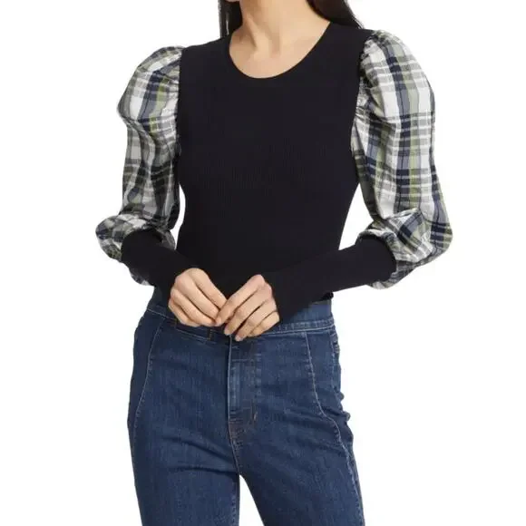 Veronica Beard Leila Wool Rib-Knit & Plaid Sweater - Picture 7 of 7